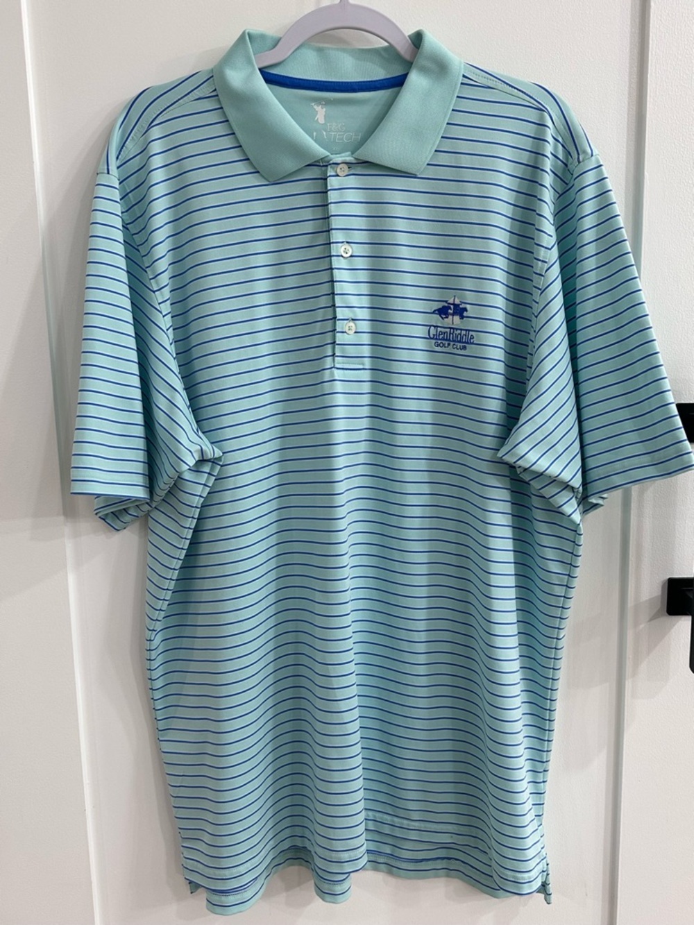F&G Tech GlenRiddle Golf Club Polo Shirt XL Blue Mint Striped Performance